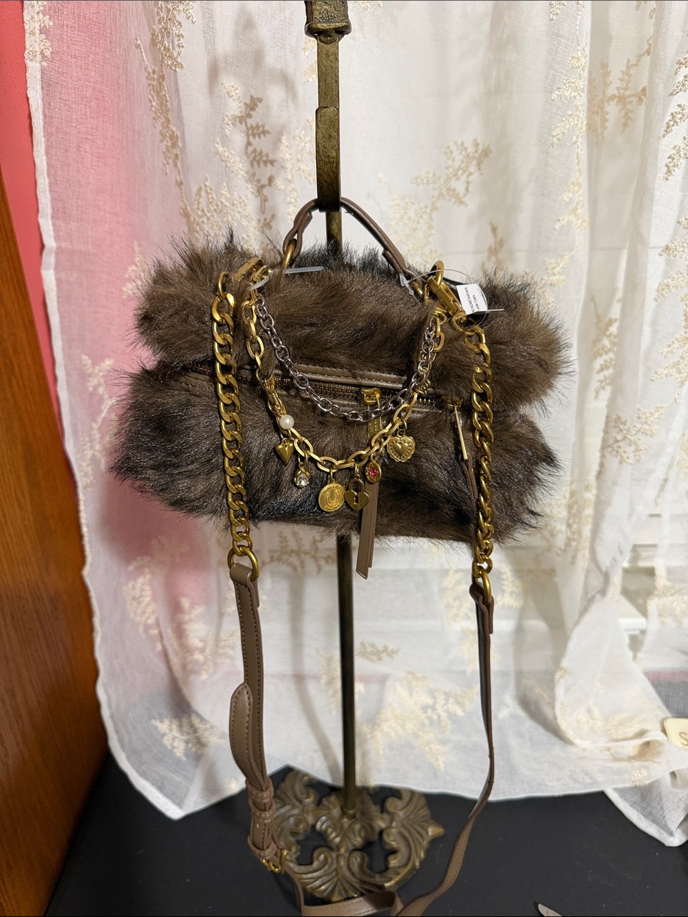 Madden Girl chocolate faux fur vanity crossbody with removable charms